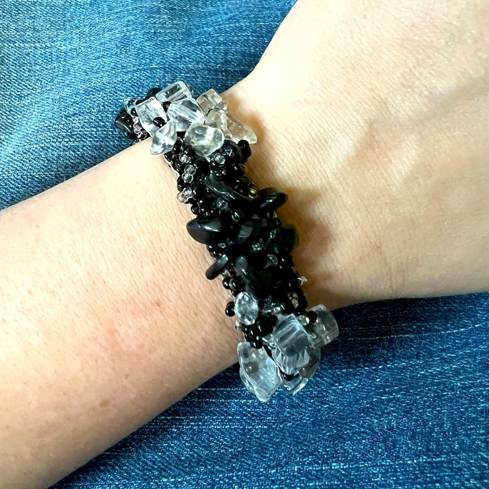 Natural obsidian and clear quartz gemstone beaded bracelet